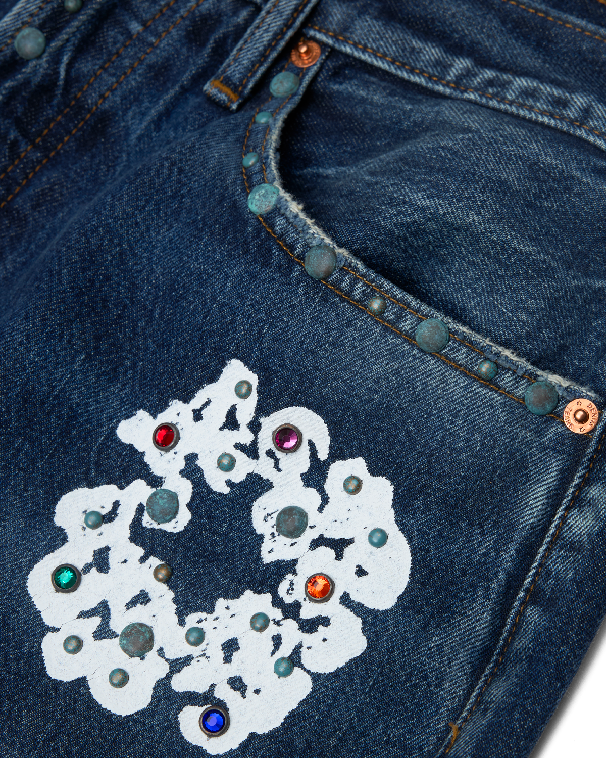 Baggy Rhinestone Cotton Wreath Denim Pant Dark Wash