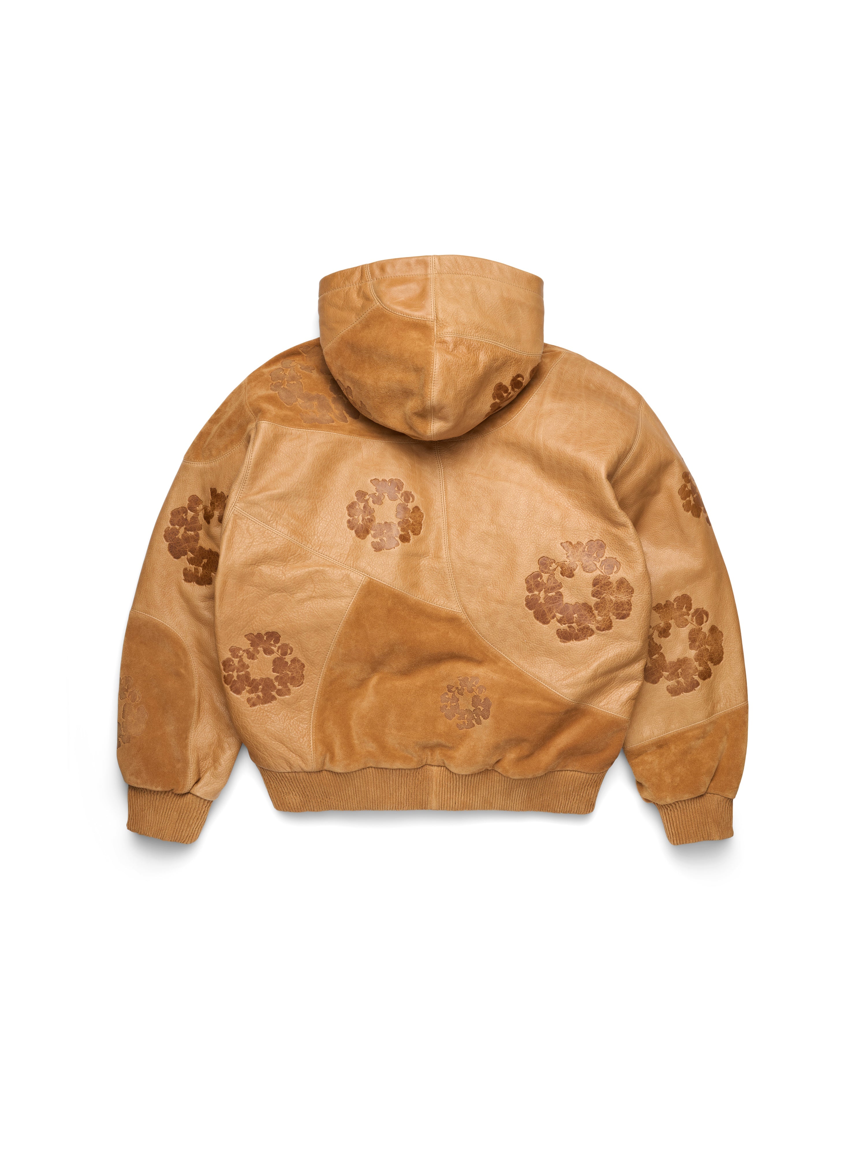 Patchwork Leather/Suede Cotton Wreath Hoodie Brown