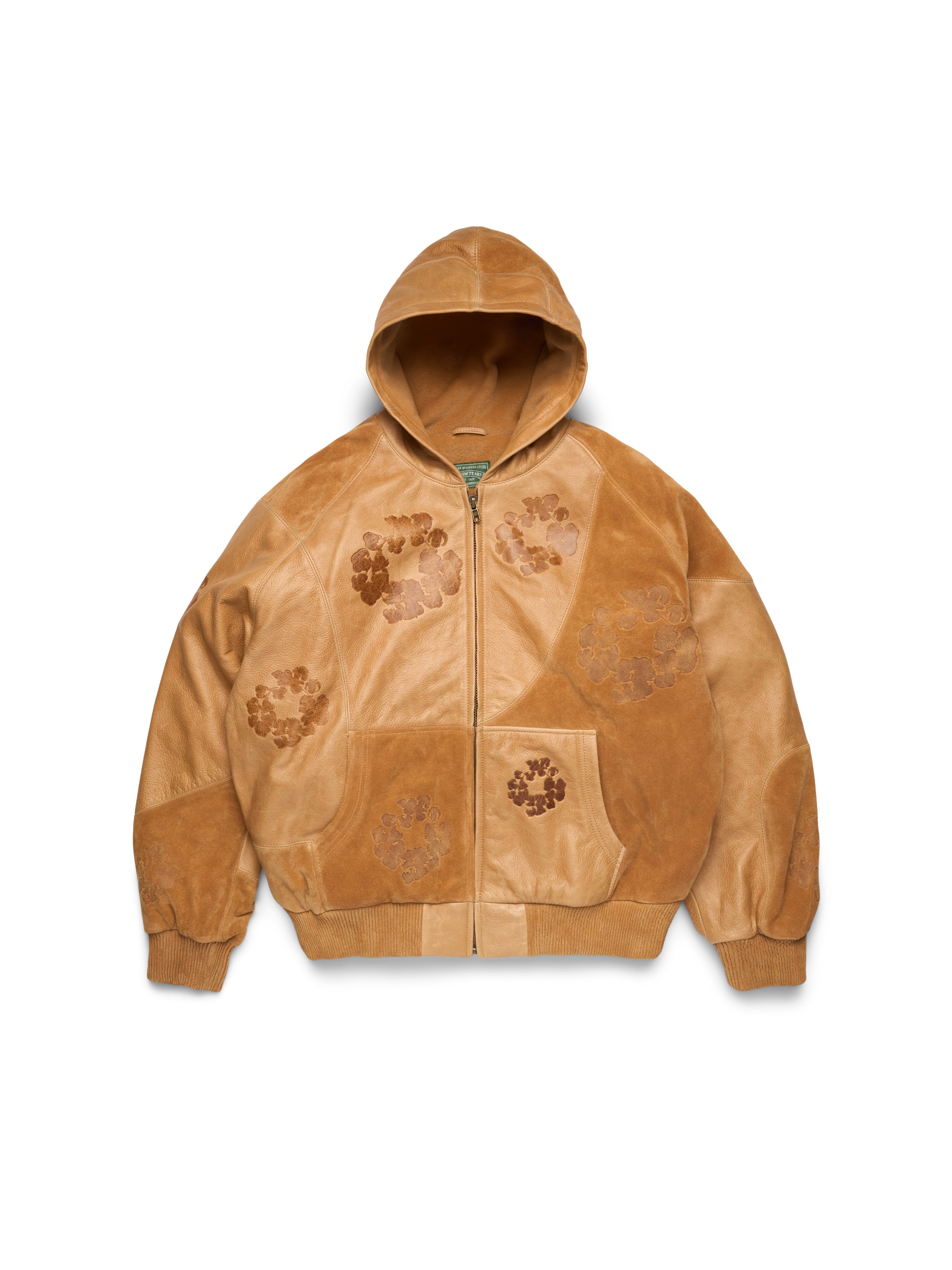 Patchwork Leather/Suede Cotton Wreath Hoodie Brown