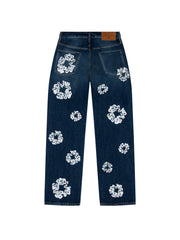 Baggy Rhinestone Cotton Wreath Denim Pant Dark Wash